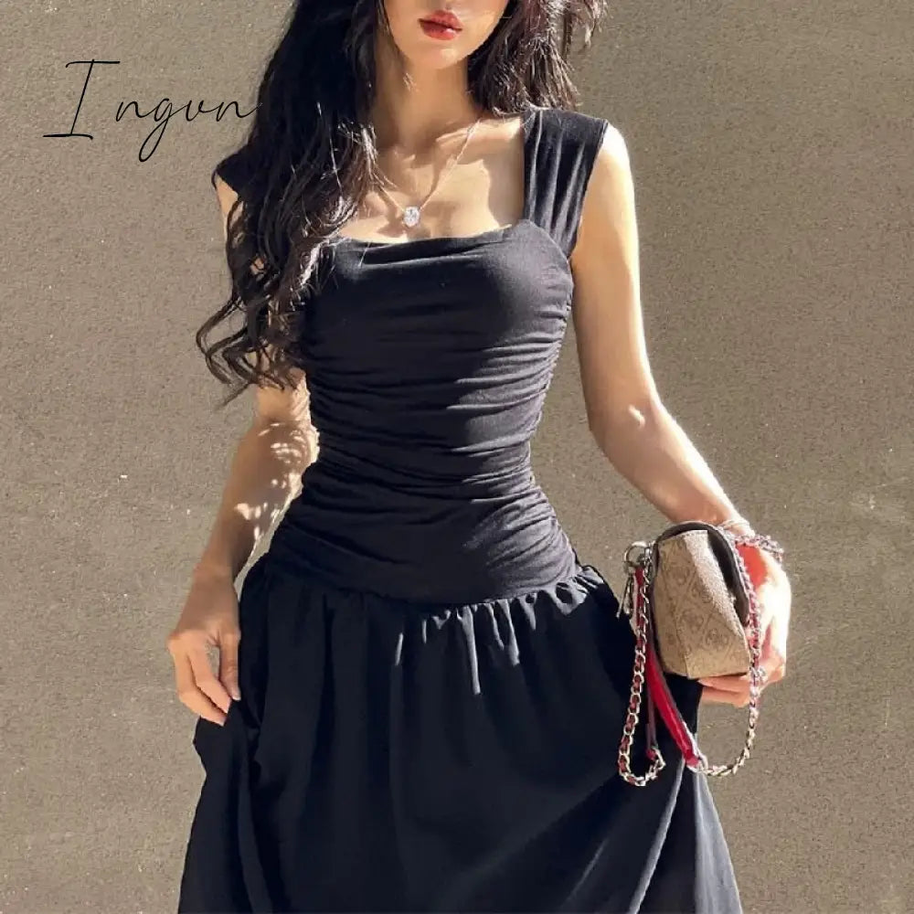 Ingvn - Fashion Mesh Ruched Black Maxi Dresses Elegant Birthday Summer Sexy Long Dresses Outfits Basic Casual Robe Vestido