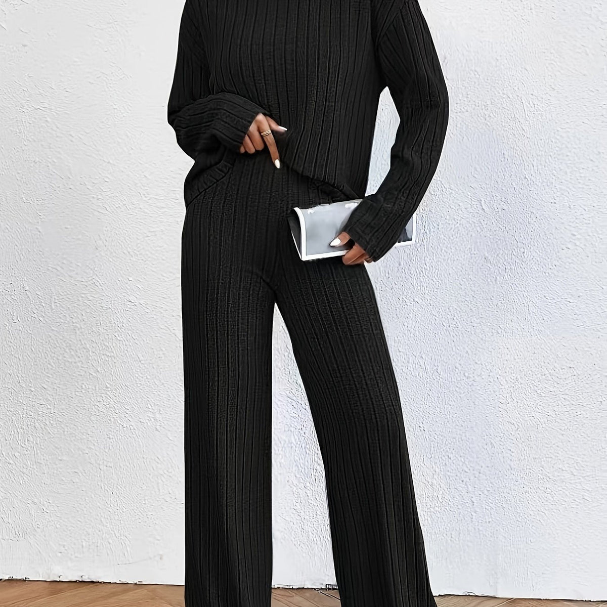 Solid Ribbed Two-piece Set, Casual Mock Neck T-shirt & Wide Leg Pants Outfits, Women's Clothing