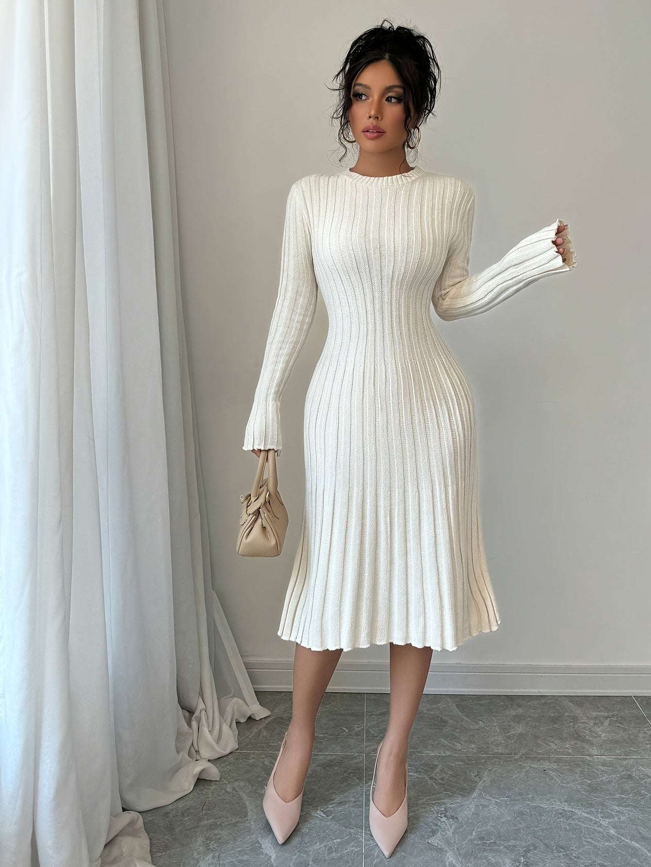 [Long Sleeve Ribbed Knit Sweater] Elegant Solid Color Ribbed Knit Sweater Dress for Women - Crew Neck, Long Sleeve, Pleated Design, Perfect for Fall & Winter