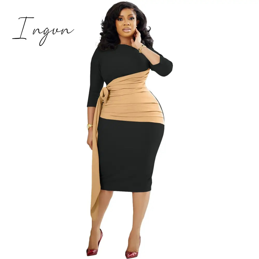 Ingvn - Autumn Fashion Elegant Colorblock Lace-Up Dress Women Office Ladies OL Colorblock Slim Dress Women