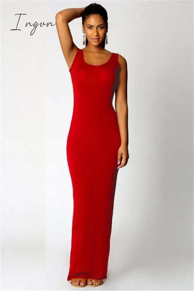 Ingvn - High Stretch Tank Robe Spring Summer Thin Long Dress Vestidos Elegant Women Sexy Dress O-neck Sleeveless Slim Maxi Dress