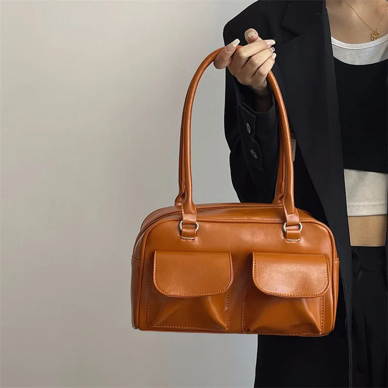 INGVN  Vintage Women Business Shoulder Bags Simple Ladies Commute Tote Bag Pu Leather Female Underarm Bag Burgundy Large Handbags Purse