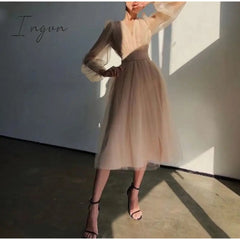 Ingvn - Deep V-Neck Women Mesh Dress Party Summer Long Puff Sleeve Pink Zipper A-Line Thin Waist Translucent Young Girls Clothes