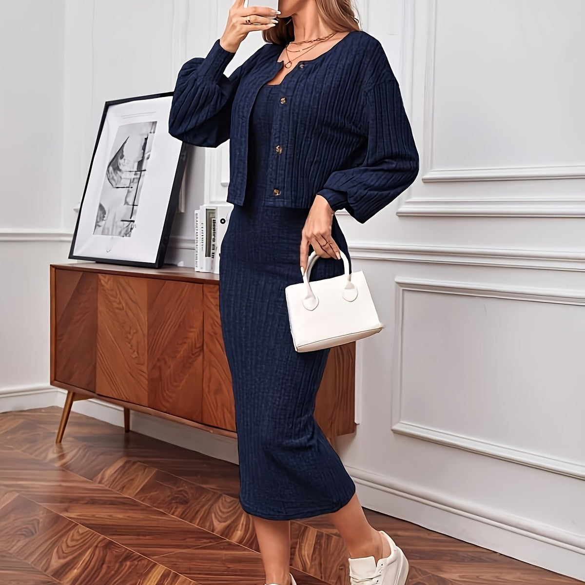 Solid Color Ribbed Knitted Dress Set, Elegant Button Front Long Sleeve Cardigan & Sleeveless Slim Dress Outfits, Women's Clothing
