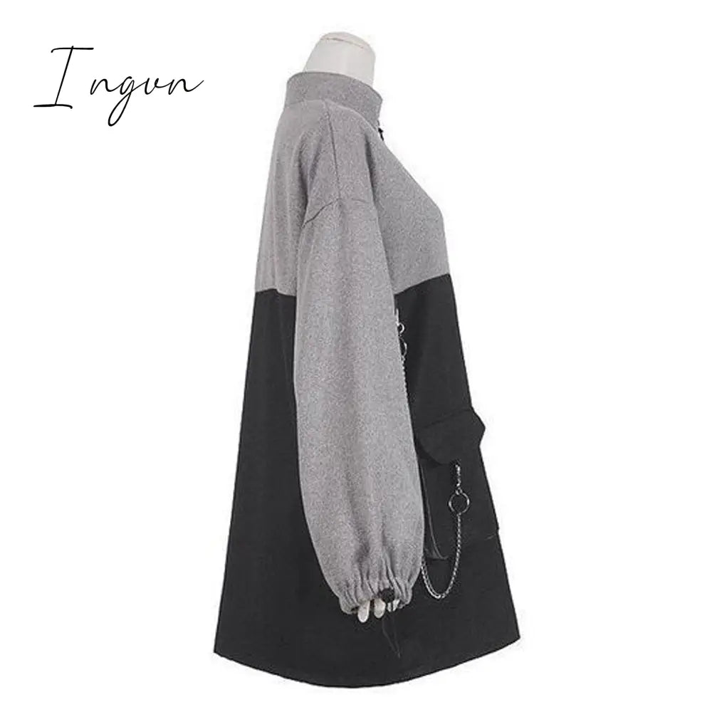 Ingvn - Retro Vintage Women Gothic Girls Punk Mini Dress High Waist Long Sleeve Hat Collar Sexy Gry Black Lolita Plus Size Jurken