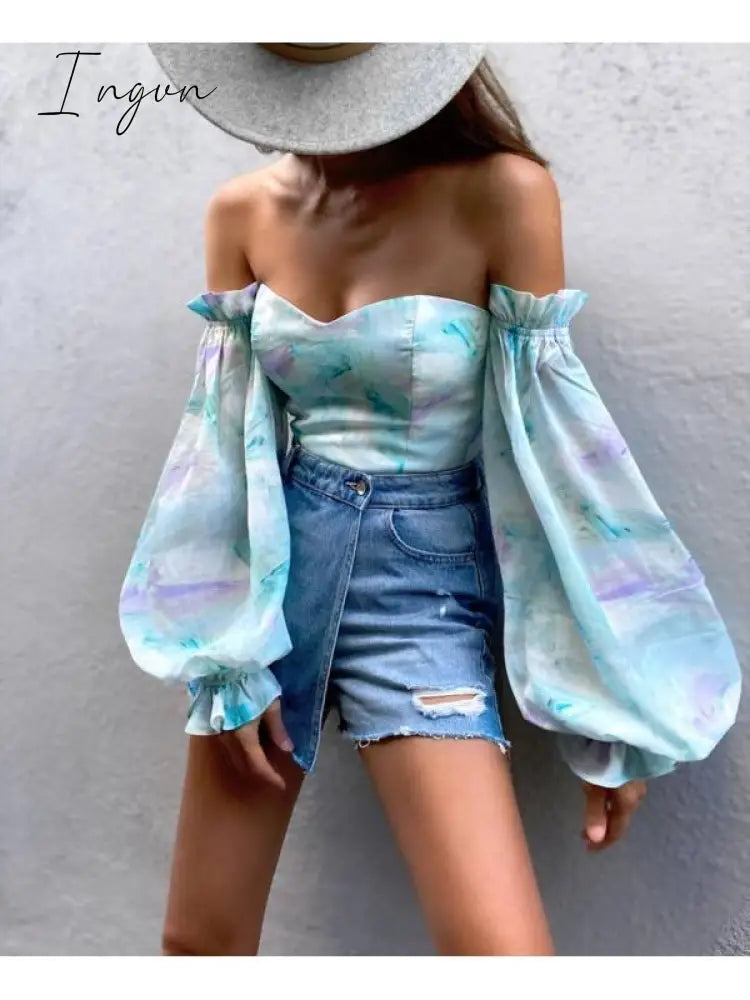 Ingvn - Summer Sexy Off The Shoulder Blous Women Fashion Slash Neck Tube Top Floral Puff Sleeve Blouse Women