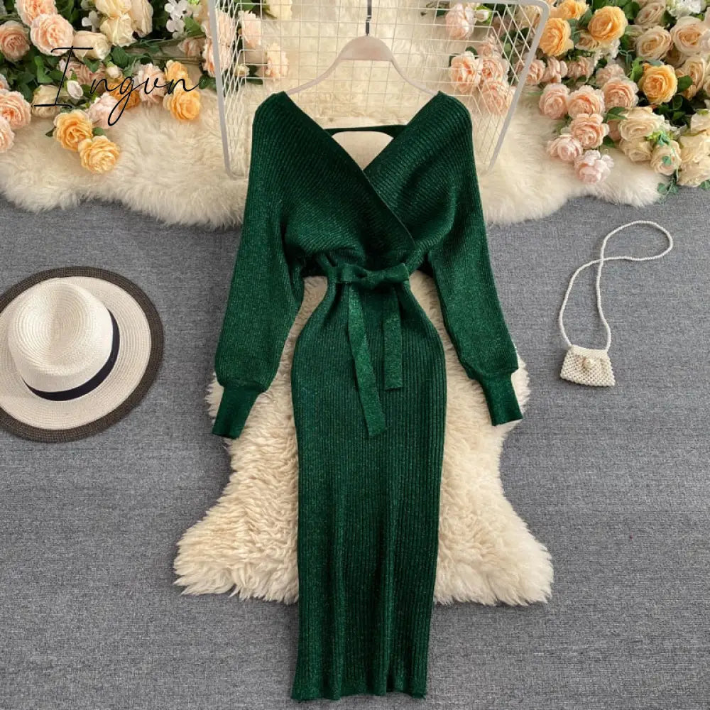 Ingvn - Women Shiny Knitted Dress Sexy V Neck Puff Sleeve Elastic Sheath Knitting Dress Autumn Solid Bow Sashes Pencil Dress