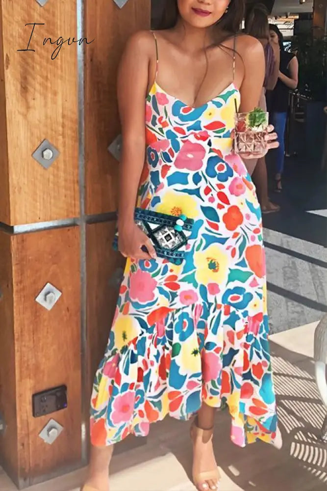 Ingvn -  Floral Printed Summer Backless Mid Calf Dress With Pocket