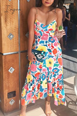 Ingvn -  Floral Printed Summer Backless Mid Calf Dress With Pocket