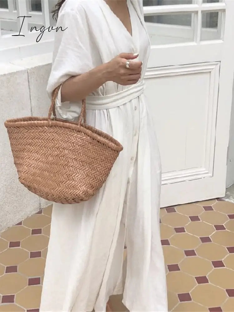Ingvn - Dress Women Spring Autumn 2023 Korean Fashion Trendy Loose Fitting Long Sleeved Solid Pleated Linen Shirt Dress Female Clothing