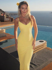 Spaghetti Strap Backless Sexy Maxi Dress For Women Gown Summer New Yellow Sleeveless Bodycon Long Dress Vestido