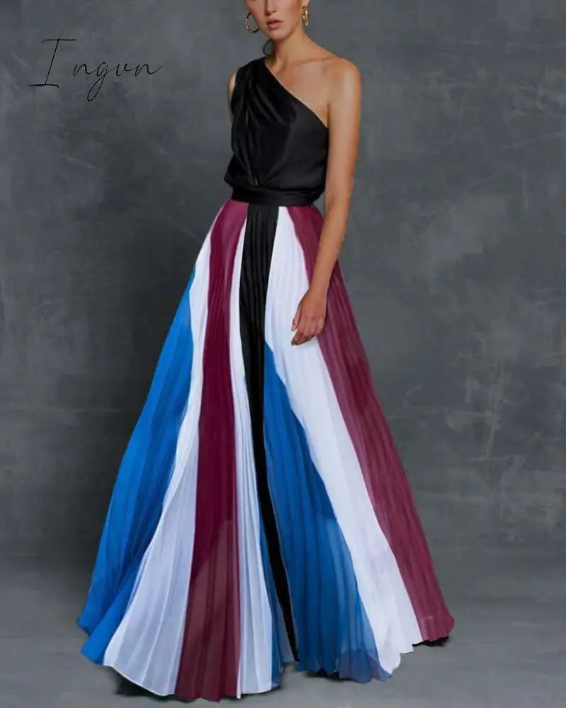 Ingvn - Summer Black Patchwork Inclined Off One Shoulder Women Dresses Contrast Color High Street Night Club Long Party Dress Clothing