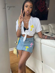 Ingvn - Womens Fashion Denim Skirt Pattern Emboridery Tassel Pocket Zipper Straight Hot Women Bottoms Holiday Vocation Casual Wear Y2k Clothes
