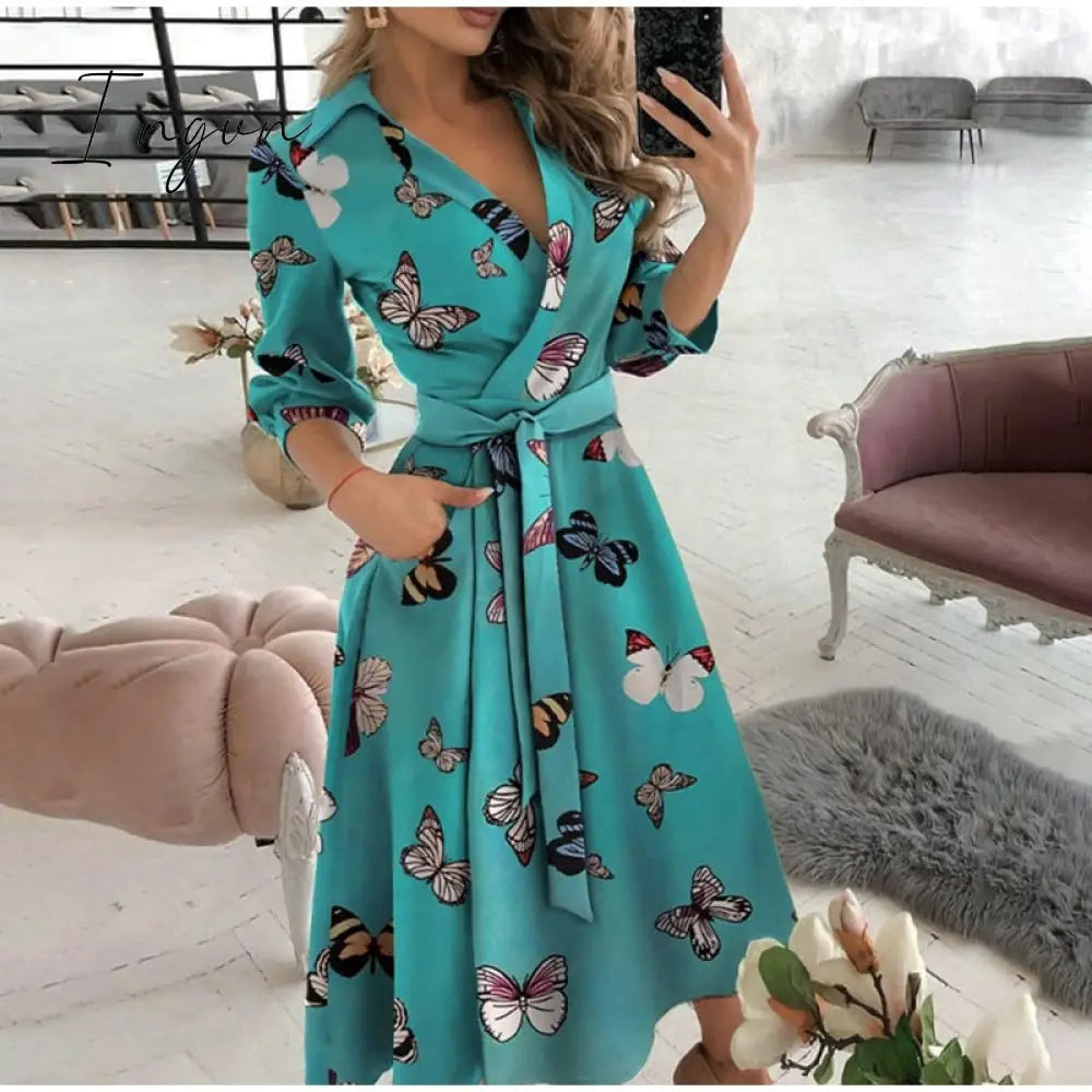 Ingvn - v neck long sleeve spring summer printed dress