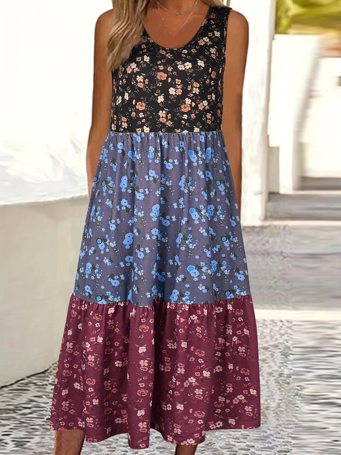 Fashionable Color Block Floral Print Tank Dress - Stylish Crew Neck, Flouncy Tiered Ruffles, Sleeveless - Versatile Casual Womens Summer Wear