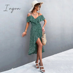 Ingvn - Ladies Spring Summer Sexy Straps Dress Women Green Off Shoulder Ruffles Casual Beach Dresses Female Floral Print Dress