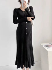 Solid Knitted Dresses for Women Autumn Long Sleeves V-neck Single Breasted Pleated Ruffles Casual Korean Fashion Female Clothing