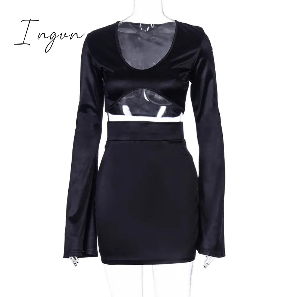 Ingvn - Satin Flare Long Sleeve 2 Two Piece Matching Set Women Crop Top Skirt Autumn Winter Birthday Fashion Sexy Clothes