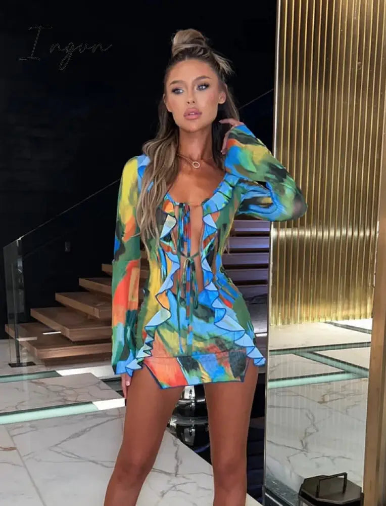 Ingvn - Women Mini Dress Long Sleeve Lacing Tie-dye Print Patchwork Slit Bodycon Dress for Club Party