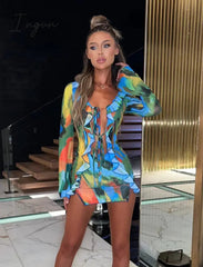 Ingvn - Women Mini Dress Long Sleeve Lacing Tie-dye Print Patchwork Slit Bodycon Dress for Club Party