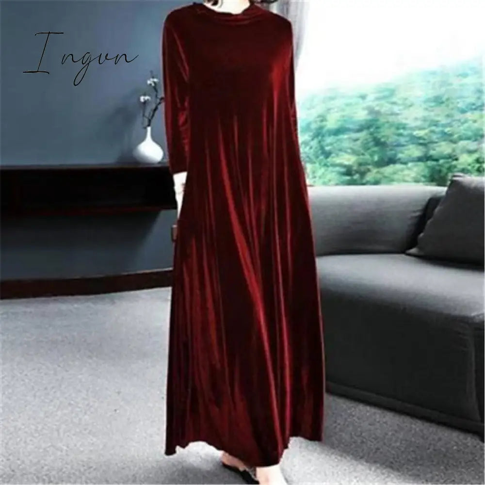 Ingvn - Women‘s Velvet Dress Shift Dress Caftan Dress Long Dress Maxi Dress Green Black Purple Long Sleeve Pure Color Pocket Winter Fall Spring Crew Neck Mature Winter Dress Daily Vacation 2023
