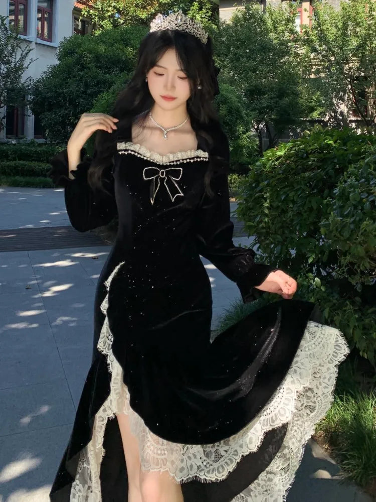 Vintage Mermaid Evening Dresses for Women Elegant Sequins Velvet Lace Patchwork Slit Party Dress Autumn Slim Fit Vestidos Mujer
