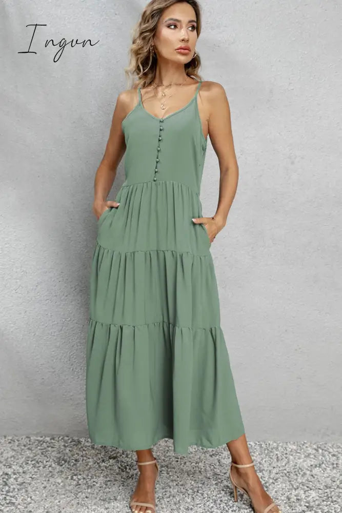 Ingvn - V-Neck Sleeveless Spaghetti Straps Midi Dress
