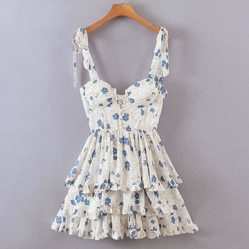Voguable  Summer Sexy Sling Dress Women Floral Print Layer Ruffle Cake Mini Dress Sweet Ladies Holiday Party Short Robe Chic Vestido
