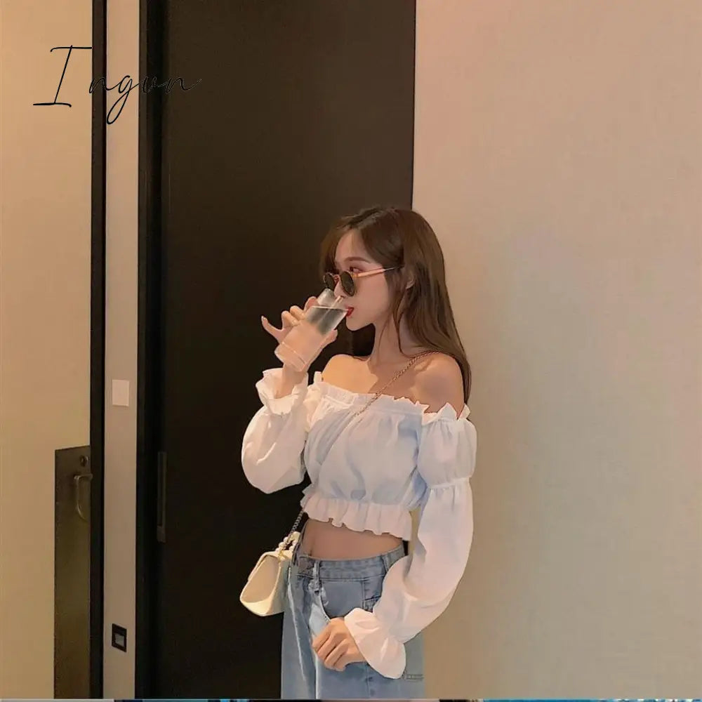 Ingvn - Women Top Sexy Blouse Off Shoulder Top Long Sleeve Club Party White Shirt Puff Sleeve Ruffle Crop Top Summer Tube Top