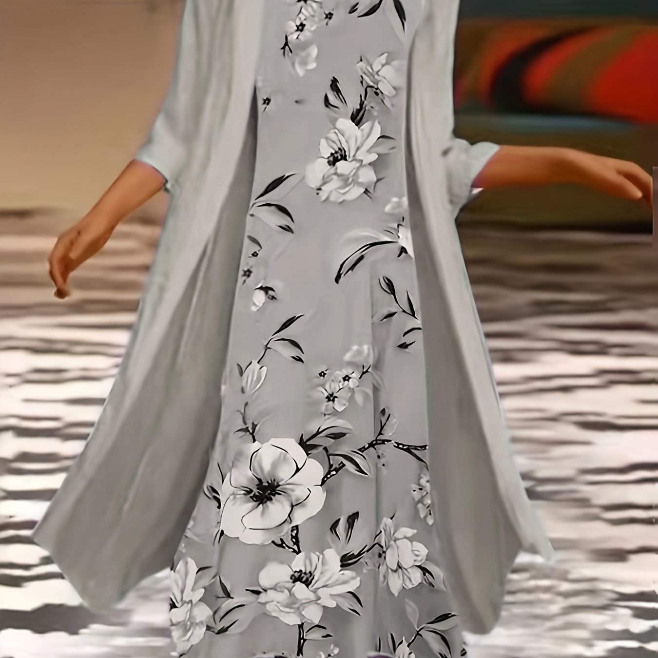 Plus Size Outfits Set, Women's Plus Floral Print Round Neck Tank Dress & Long Sleeve Coat Outfits Two Piece Set