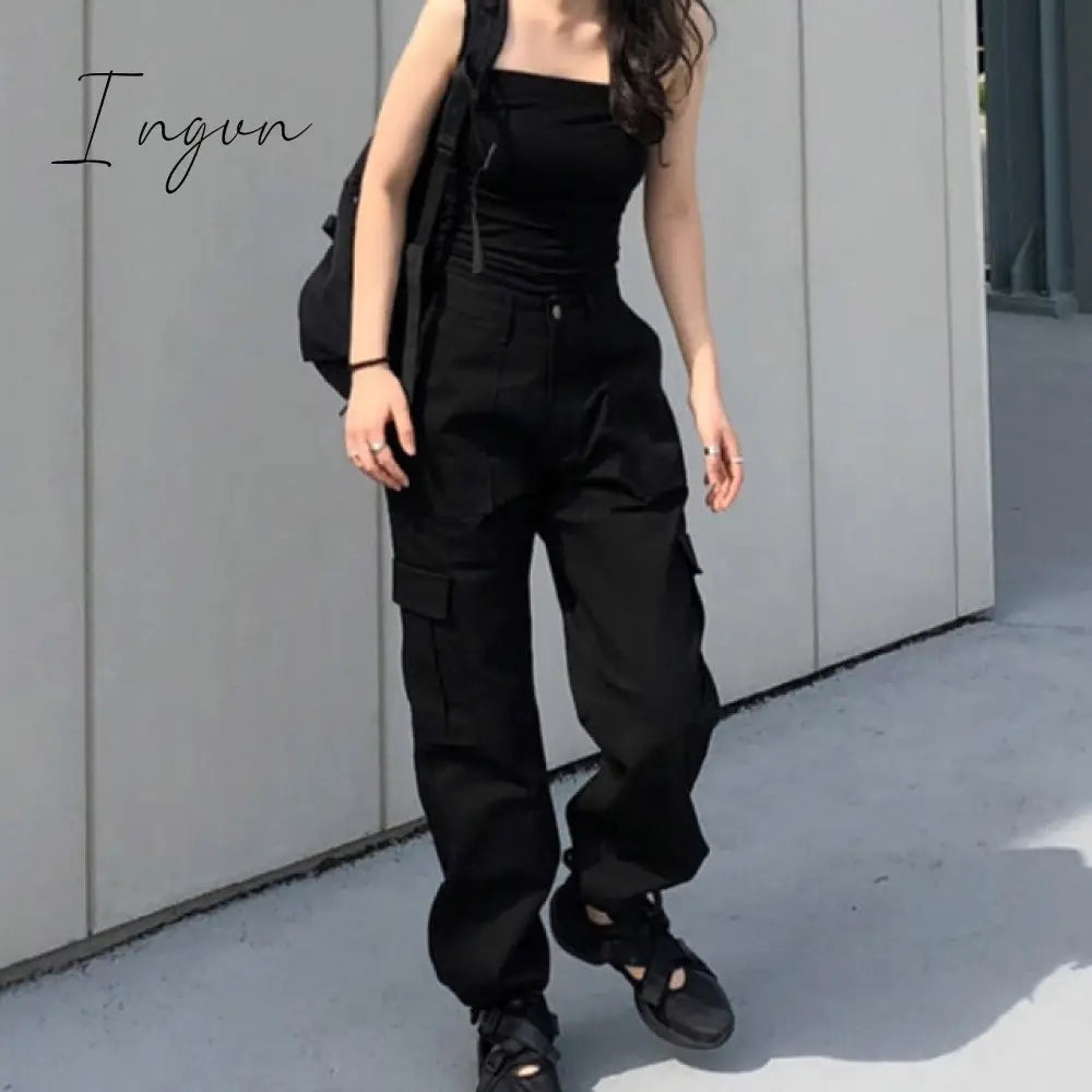 Ingvn - Button Pockets Patchwork Cargo Pants Women Streetwear High Waist Trousers Women Fashion Pencil Pants Joggers Women