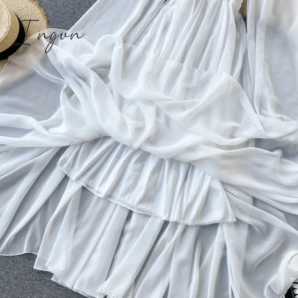 Ingvn - New Spring Autumn Dresses for Women Women Elegant Holiday Dresses Puff Sleeve Slash Neck Off Shoulder Smocked White Chiffon Dresses