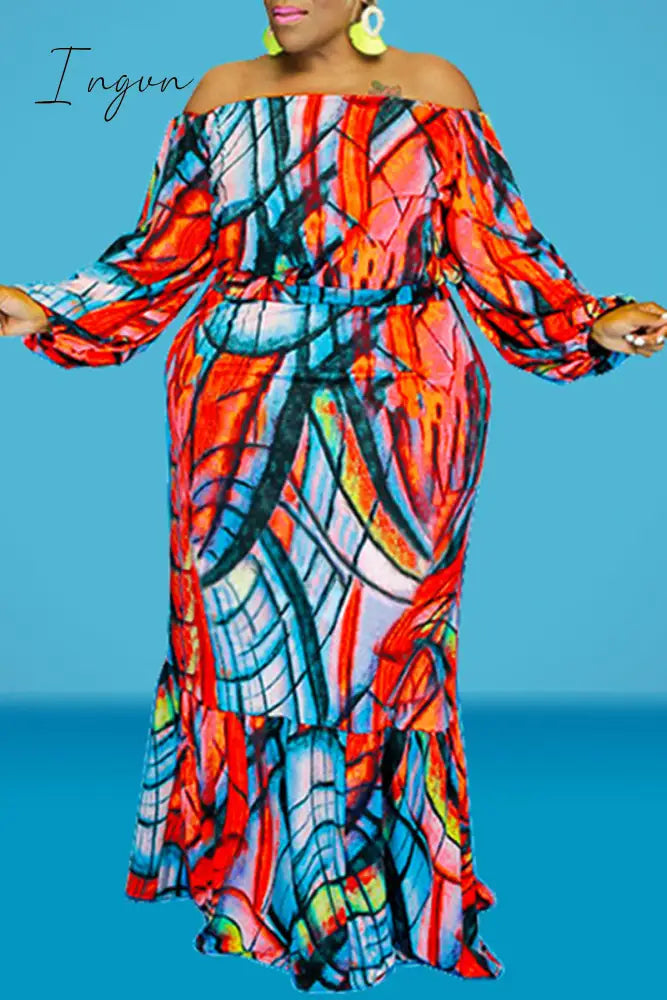 Ingvn - Red Plus Size Casual Print Patchwork Off the Shoulder Straight Plus Size Two Pieces