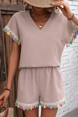 Ingvn - V-Neck Tassel Decor Top and Shorts Set