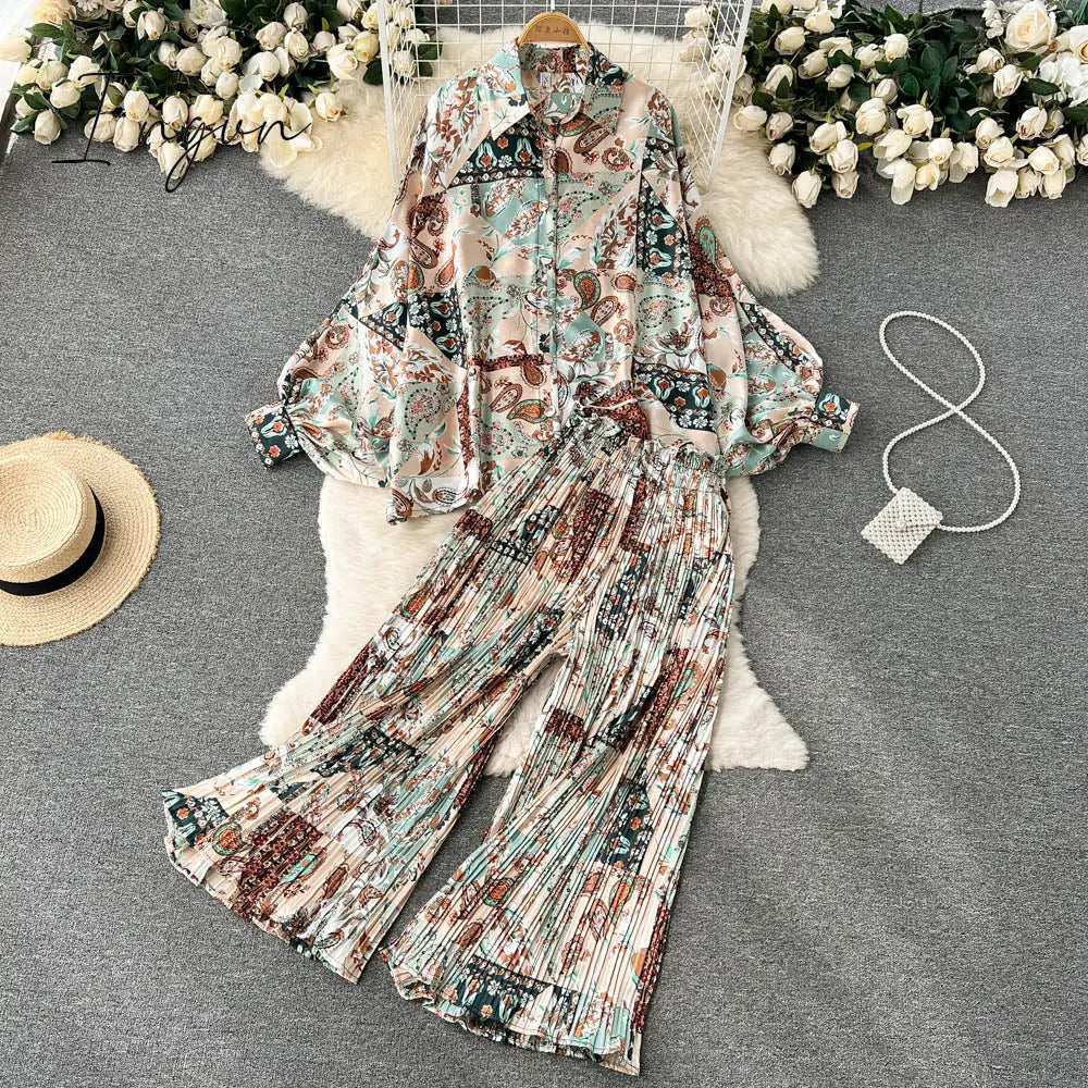 Ingvn - Women's Dress Spring Retro Print Casual Set Design Batwing Sleeve Single Breasted Blouse+High Waist Long Pants Two Piece Suits