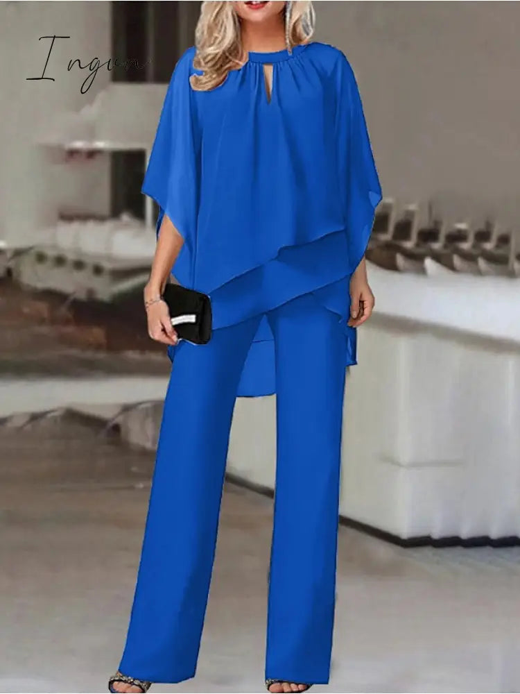 Ingvn - Jumpsuits for Women Summer Dressy Solid Color Round Neck Elegant Daily Vacation Straight Regular Fit Half Sleeve Navy Blue 3XL Spring Fall