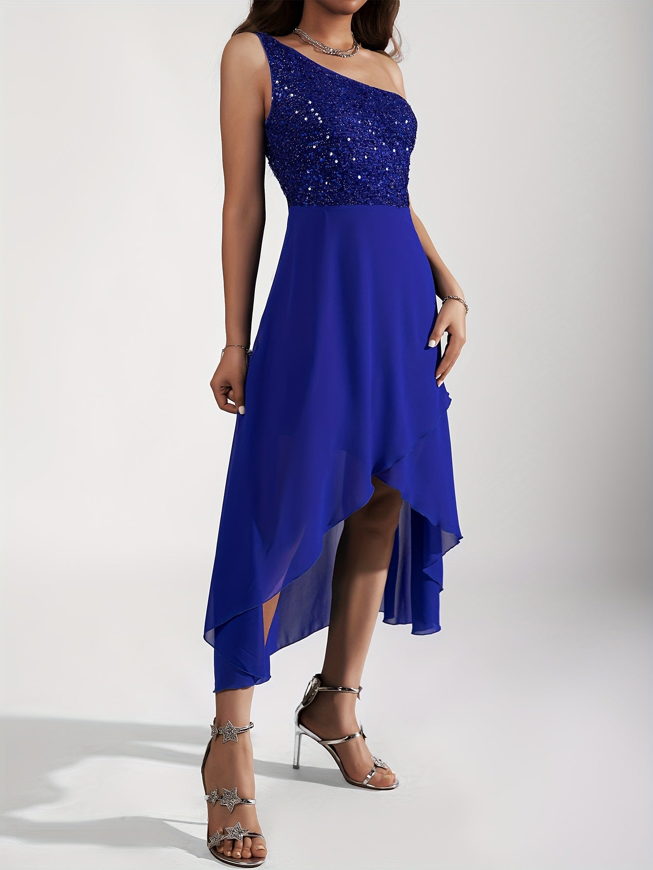 Sequin One-shoulder Tulip Dress, Elegant Sleeveless Dress For Party & Banquet, Women's Clothing