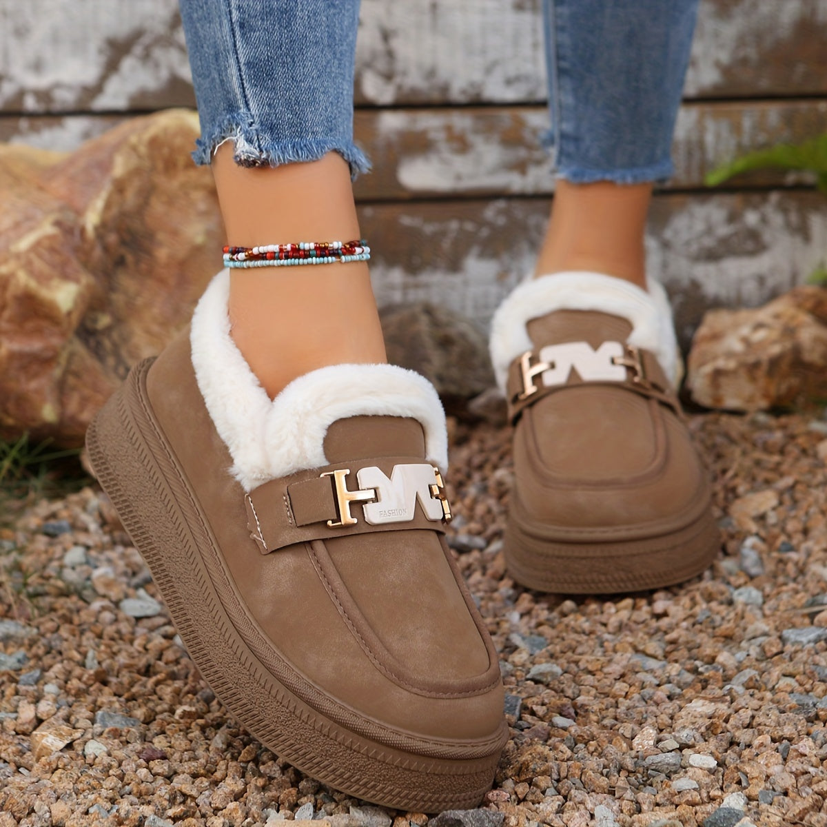 Cozy & Stylish Women's Winter Snow Boots - Plush Lined, Slip-On Loafers with Metal Buckle Detail, Warm Outdoor Footwear