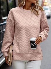 Ingvn - Women's Sweatshirt Pullover Basic Button Pink Solid Color Casual Round Neck Long Sleeve Top Micro-elastic Fall & Winter