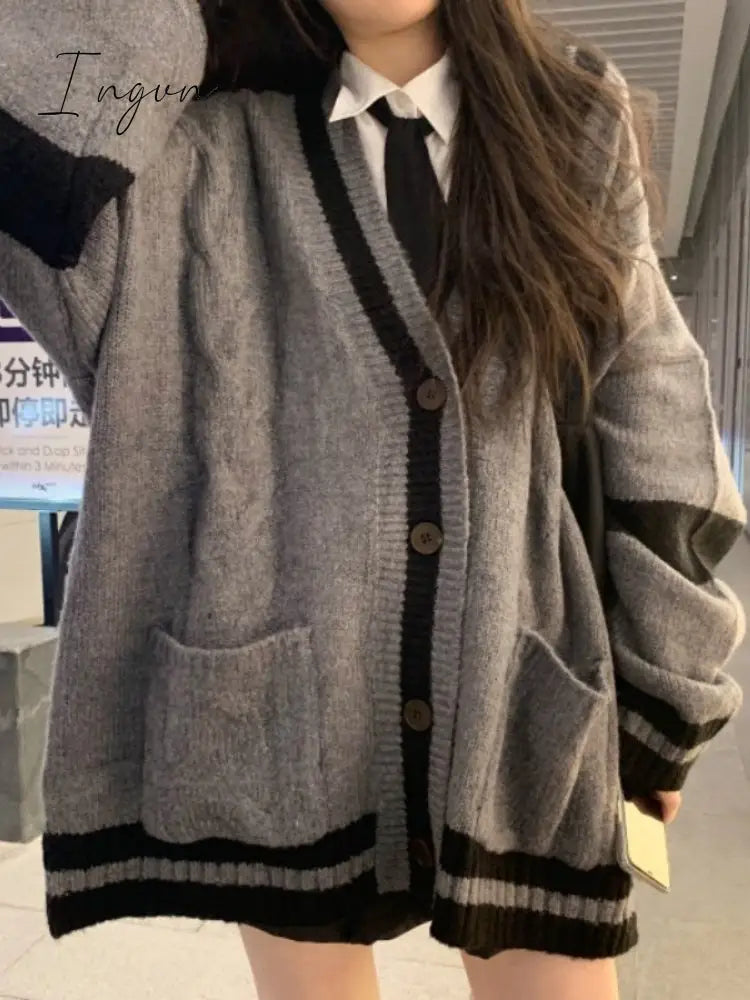 Ingvn - Cardigan Winter Grey Striped Knitted Sweater Cardigan Women Korean Fashion Style Harajuku Oversize Cardigan Preppy Female Coat