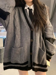 Ingvn - Cardigan Winter Grey Striped Knitted Sweater Cardigan Women Korean Fashion Style Harajuku Oversize Cardigan Preppy Female Coat