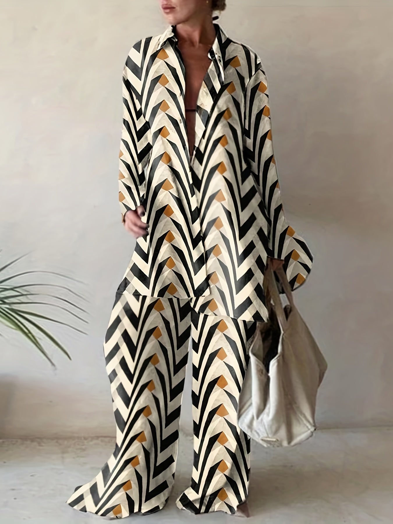 Plus Size Casual Outfits Two Piece Set, Women's Plus Abstract Stripe Print Button Up Long Sleeve Lapel Collar Shirt Top & High Rise Wide Leg Pant Outfits Two Piece Set