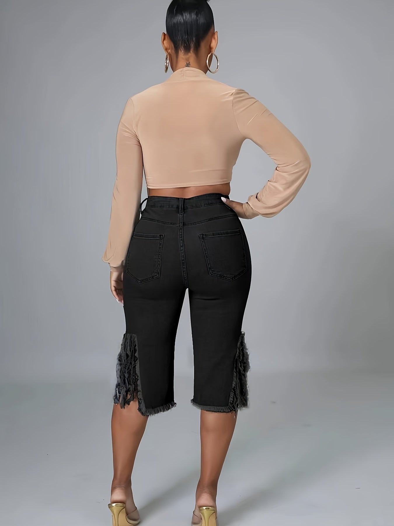 High-Stretch Womens Bermuda Denim Midi Shorts - Distressed Raw Fringe Hem, Ripped Split Details, Fashionable Summer Jeans Wear with Tassel Accents - Solid Color, No Printing, Casual Style, Woven Fabric