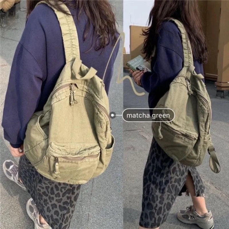 Ingvn  Vintage Backpack for Women Canvas Women Rucksack Zipper Casual Medium-Capacity Preppy Style Female Bag