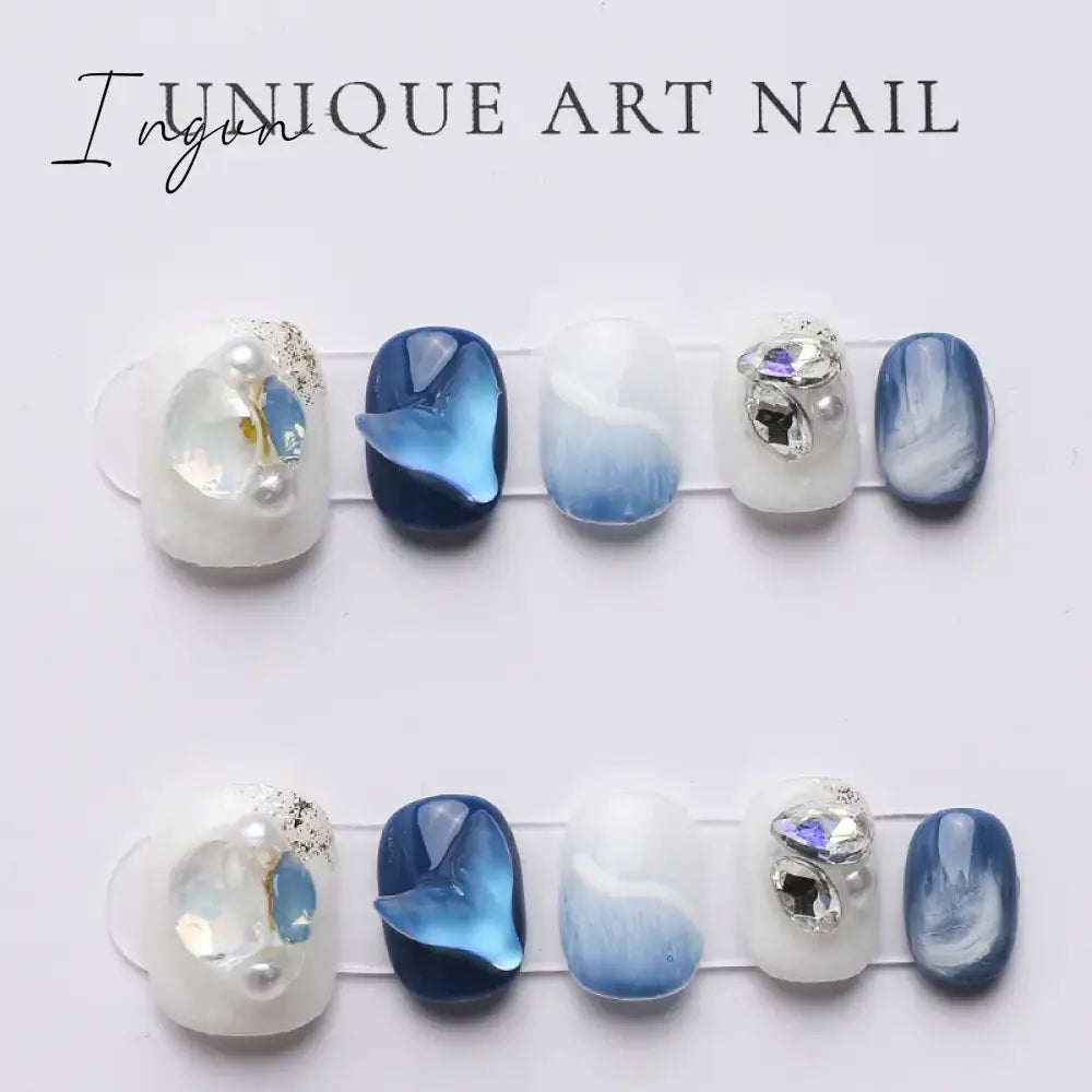 Blue Whale Handmade Wearable Fake Nails Mermaid Ocean Wearing Nails Sticker Reusable Press On Nail Patches Decoracion For Girls