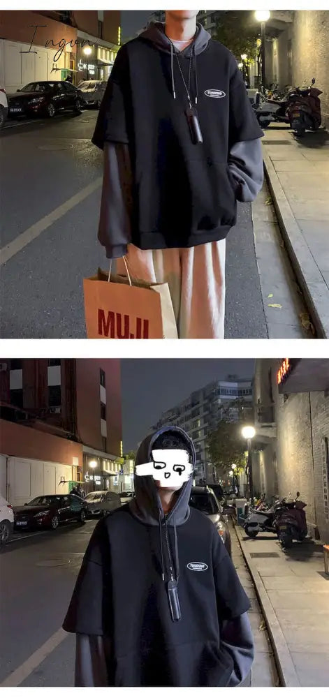 Ingvn - Spring Outfits 2023 Trends Hoodies Women Sweatshirt Couple Autumn/winter Fake Two-piece Hooded Pullover Student Korean Style Loose Top Velvet Thick Jacket