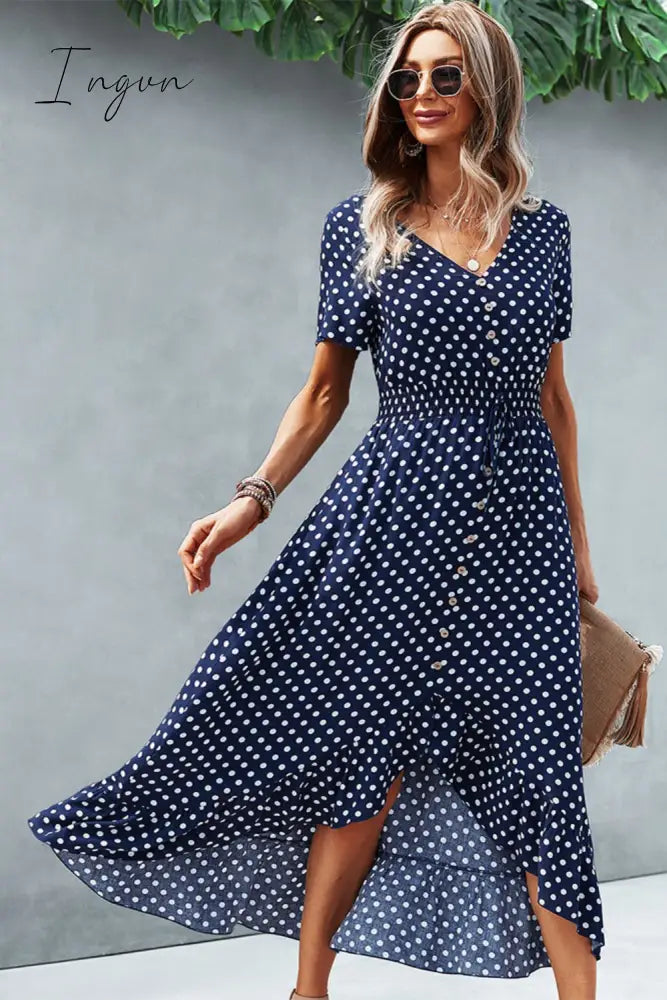 Ingvn - Polka Dot Ruffle Hem V-Neck Short Sleeve Midi Dress