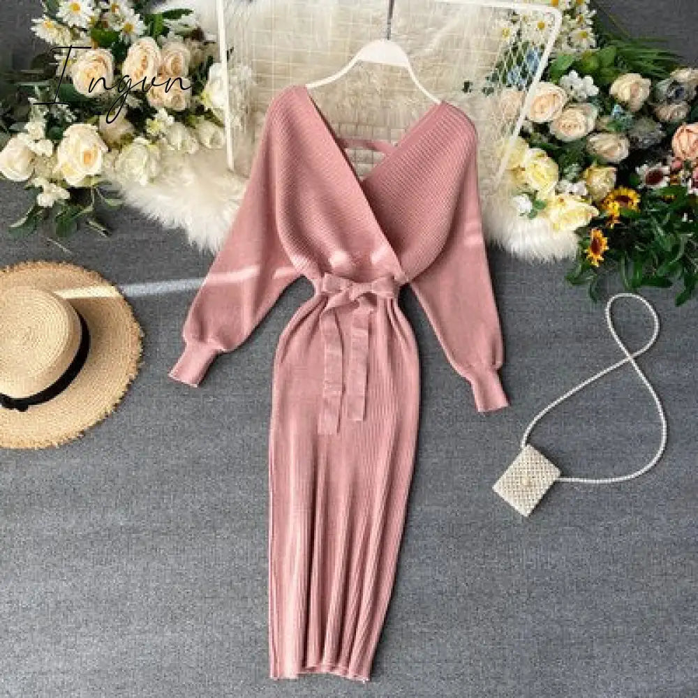Ingvn - Sparkling Sexy Party Dress Woman Sweater Elegant Slim V-Neck Basic Knitted Green Vintage Dresses Female Autumn Winter Bat Sleeve