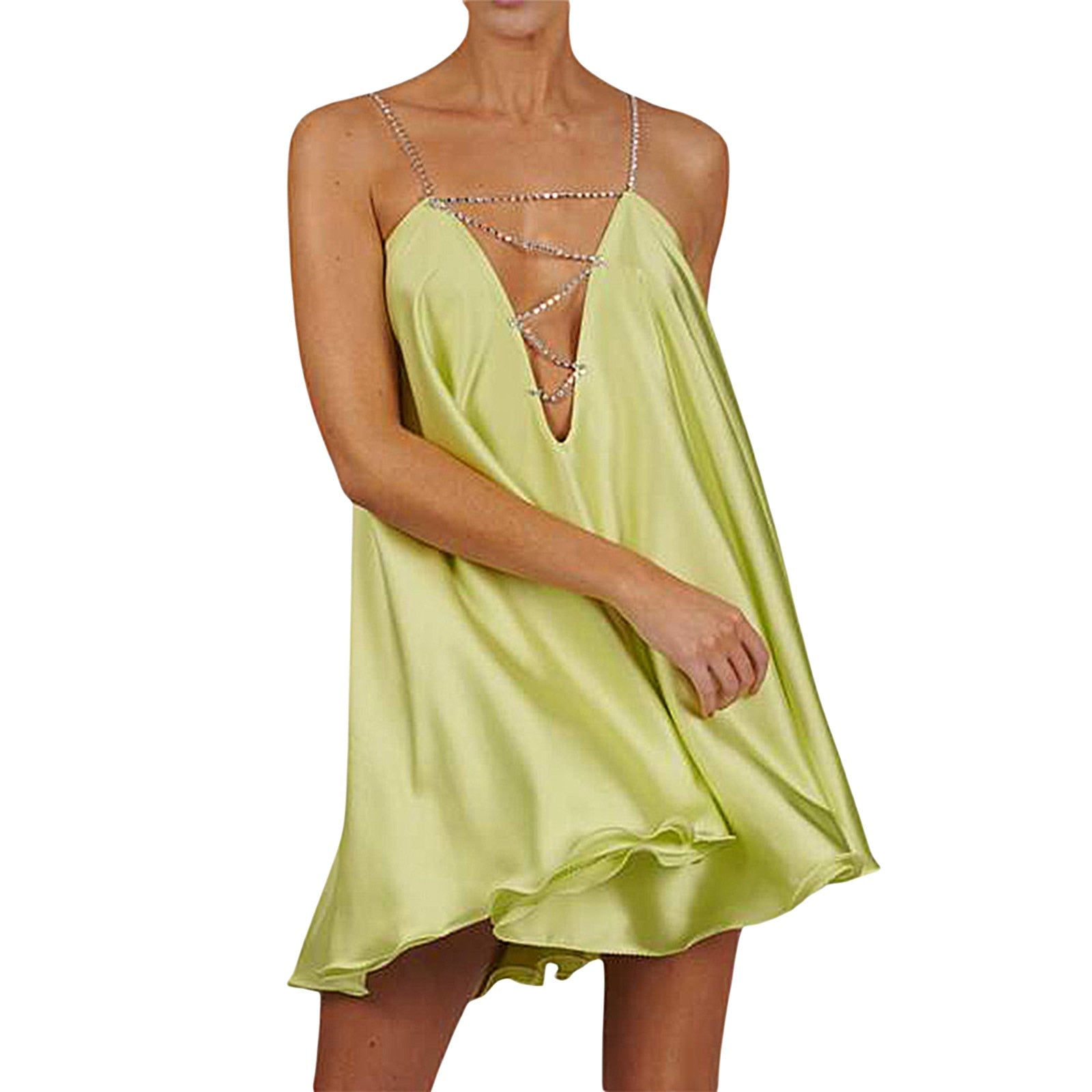 Diamante Chain Satin Low Back Swing Dress With Iridescent Crystal Straps and Neck Sexy Celebrity Party Elegant Women Dress