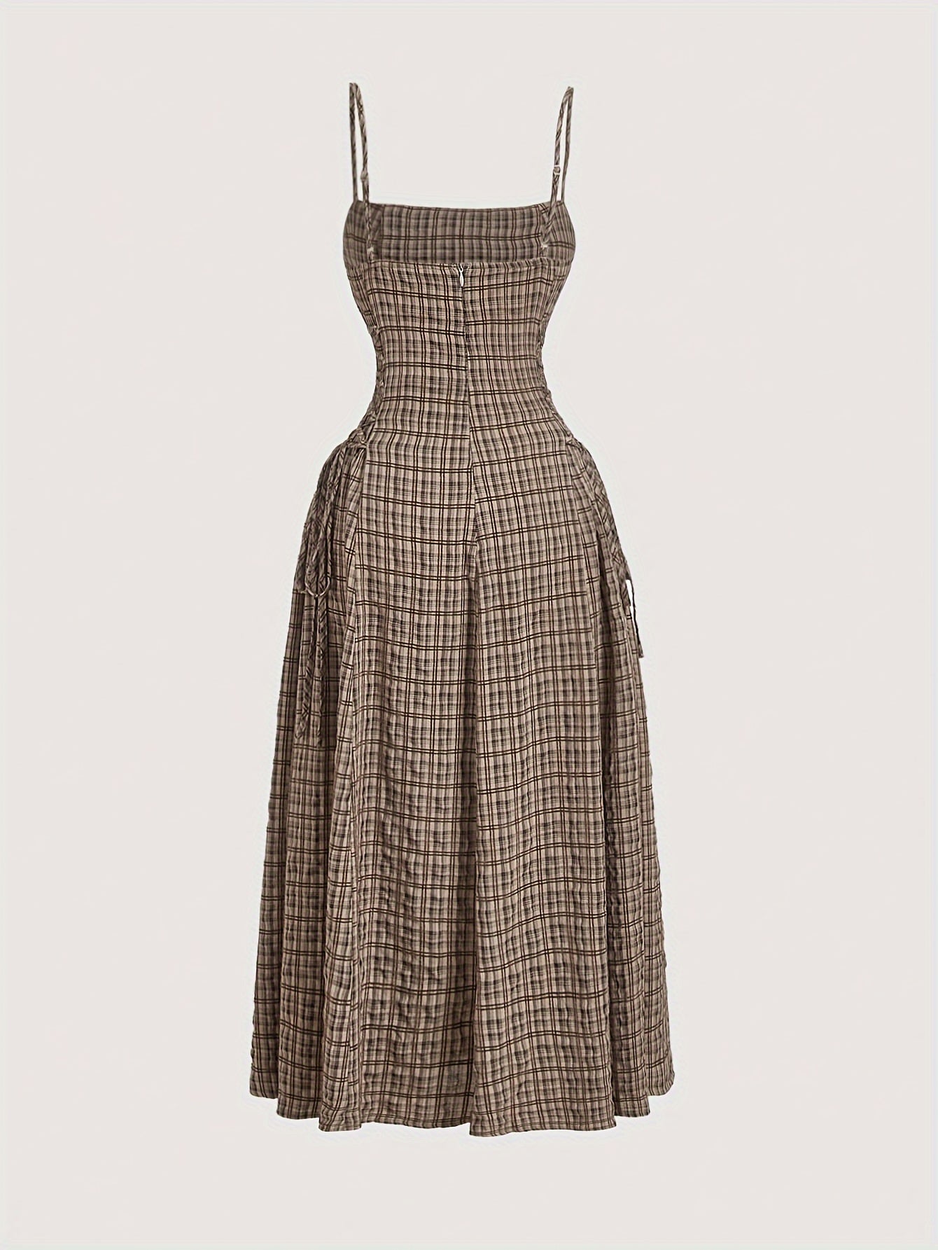 Vintage Beige Plaid Midi Dress for Women with Front Right Side Ruched Tie Detail - Sleeveless, Polyester, Machine Washable - Ideal for Spring/Summer/Fall